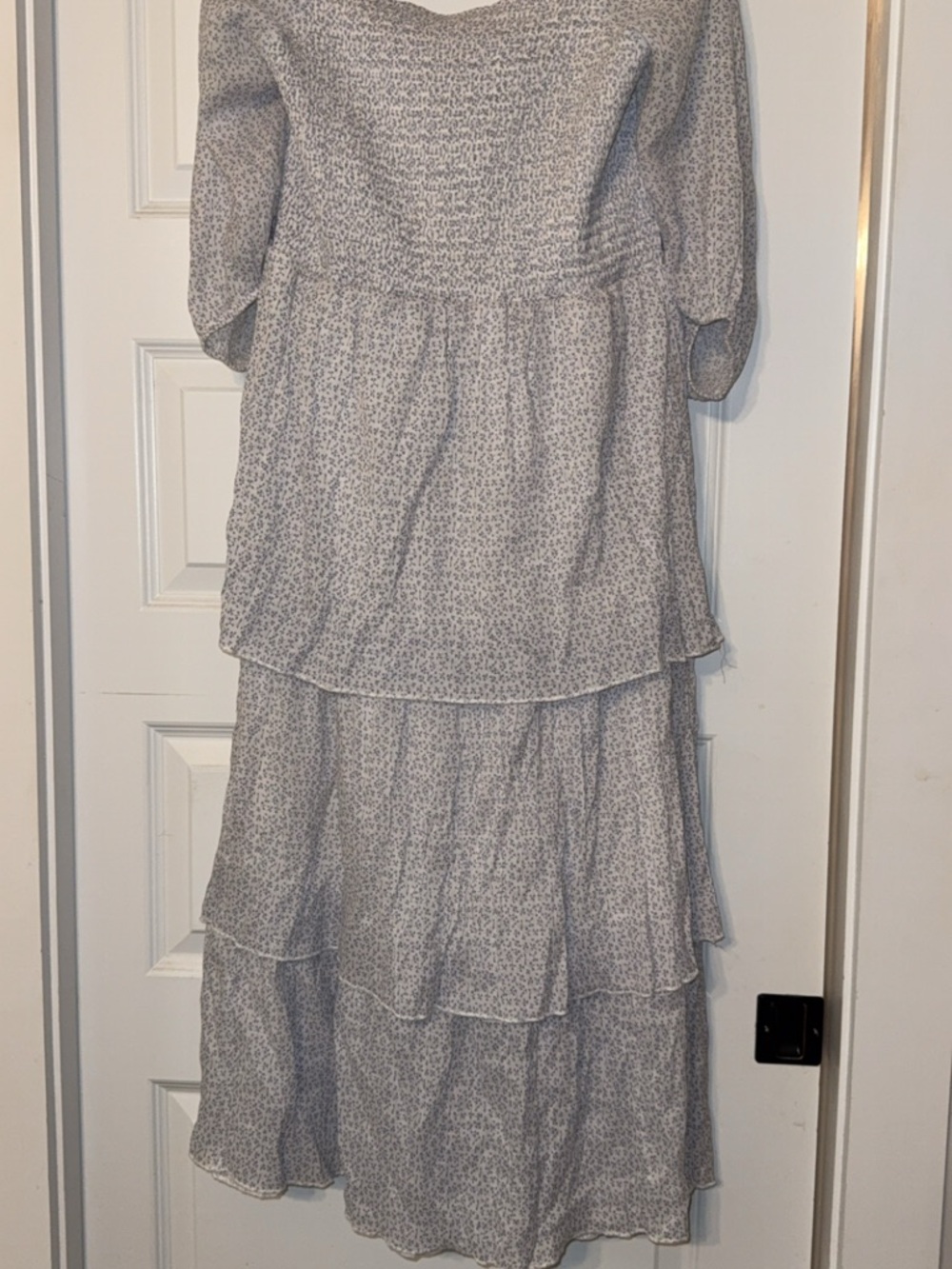 Smocked Bodice Tiered Maxi Dress in Light Gray Floral
